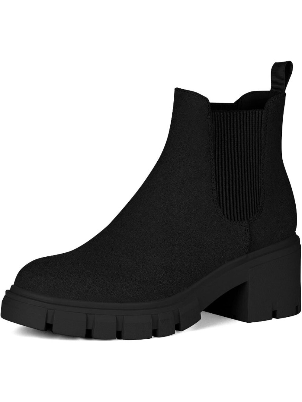 🆕Women's Dark Black Chelsea Ankle Boots Lug Sole Low Chunky Heel Shoes Casual